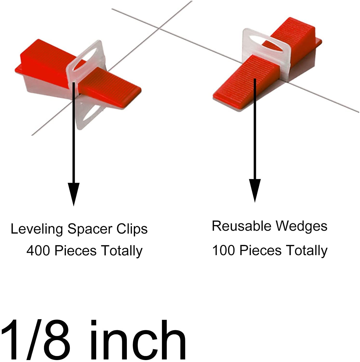 DIY Tiles Leveler Spacer, 1/8-calowy system poziomowania płytek, 400 sztuk klipsów dystansowych poziomujących i 100 sztuk klinów wielokrotnego użytku,Narzędzie do wyrównywania płytek
