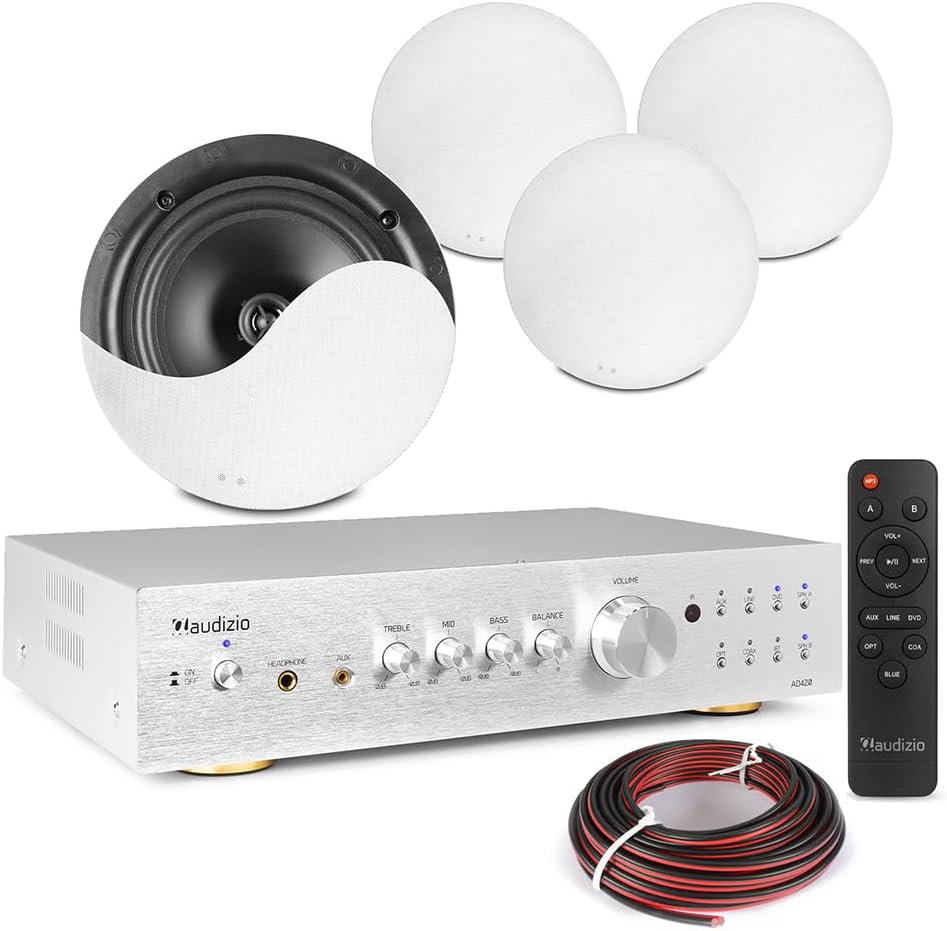 Power Dynamics 2-Zone Multi Room Ceiling Speaker System – Bluetooth Amplifier with 4x NCSS6 6.5″ Speakers – Complete Home Audio & Commercial Sound Installation Kit AD420A