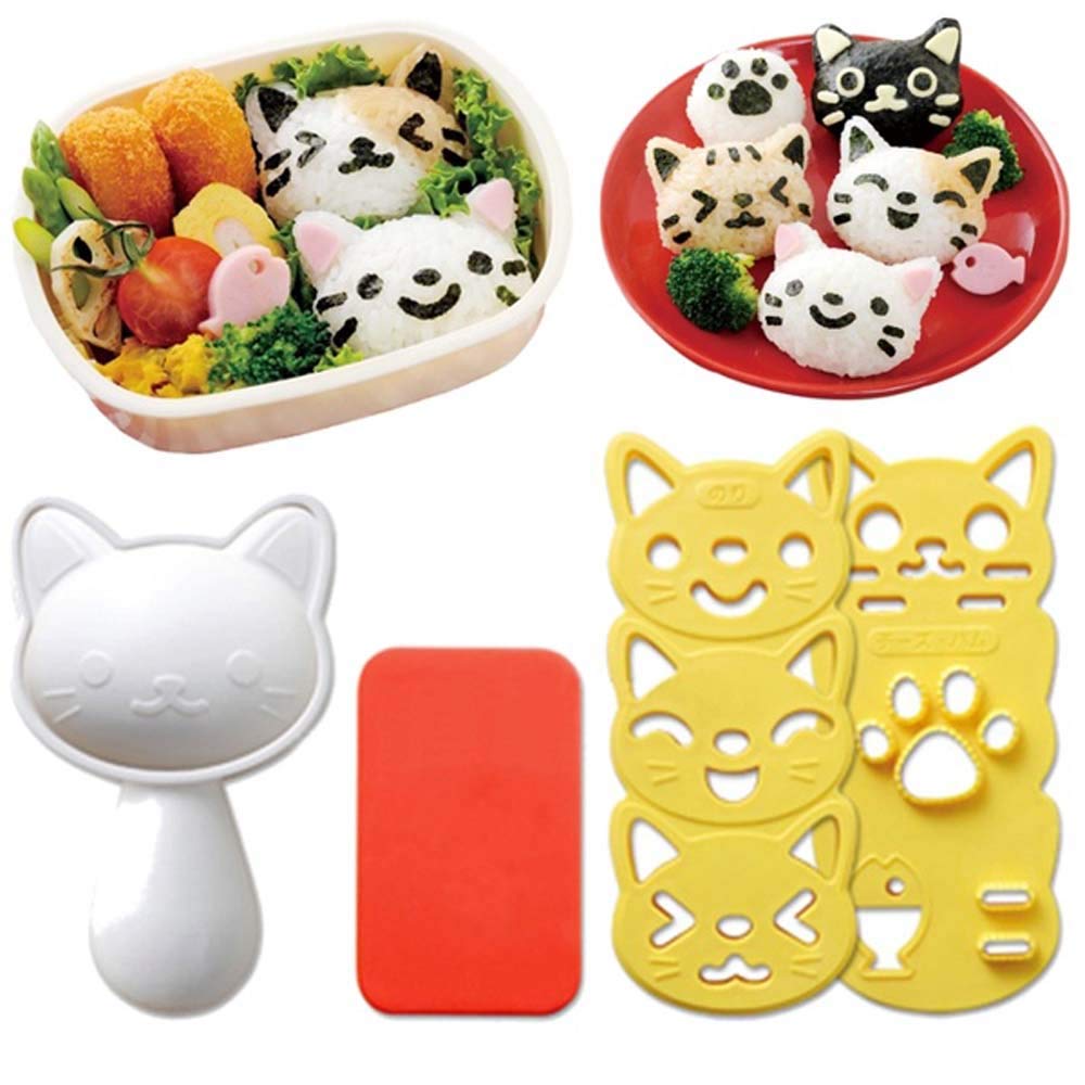 1 Set Sushi Mold Rice Ball Mold Cartoon Cat Pattern Sushi Bento Nori Kitchen Rice Decor,Cute Smile Cat Sushi Rice Mold Decor Sandwich DIY Tool,Bento Accessories