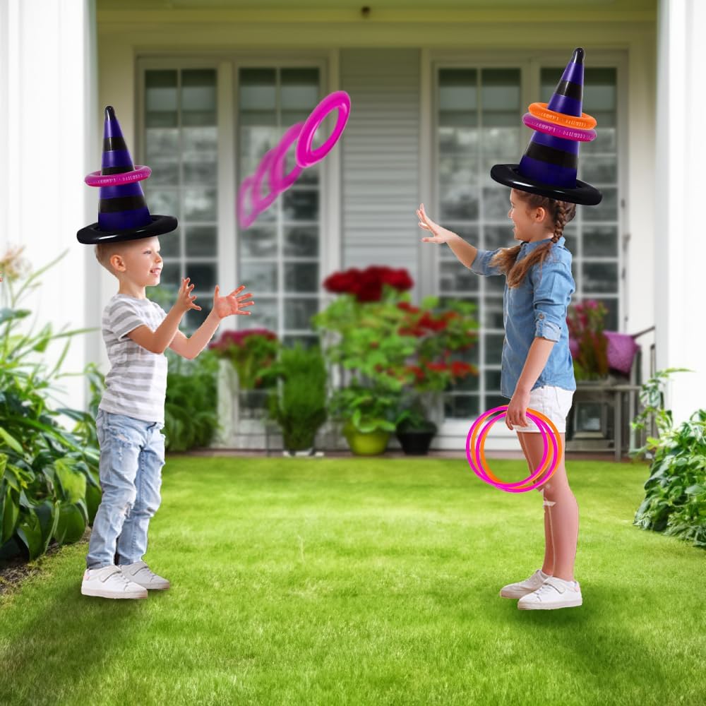 ArtCreativity Halloween Ring Toss Game for Kids - 21 Piece Set - Inflatable Spider, 2 Witch Hat Inflates, 6 Plastic Rings, 12 Inflatable Rings, and Pump - Halloween Games for Party
