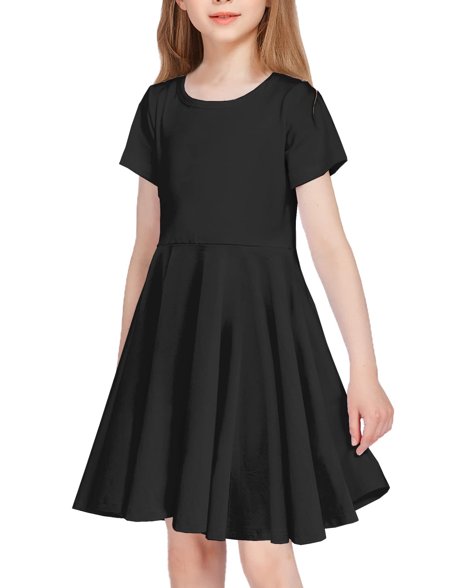 Arshiner Girls School Party Dress Twirl Dancing Versatile Cotton Stretchy Skater Dress Black 140 10-11Y Solid Basic