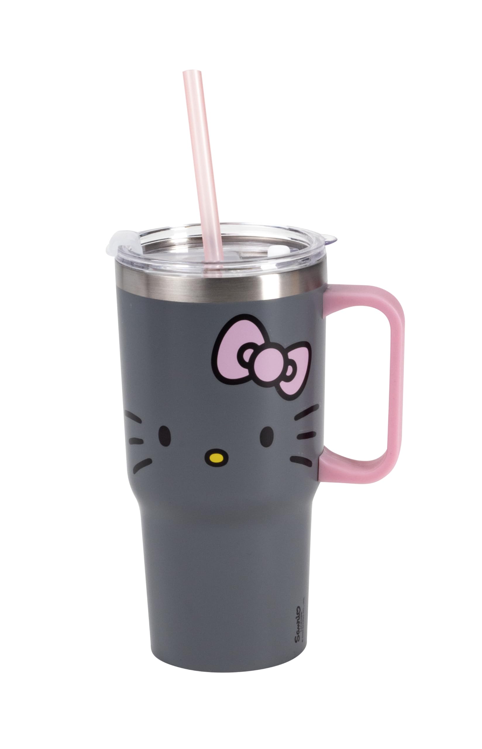 Hello Kitty - Vaso con tapa y pajita para niños, 540 ml, con asa, color gris, apto para bebidas frías