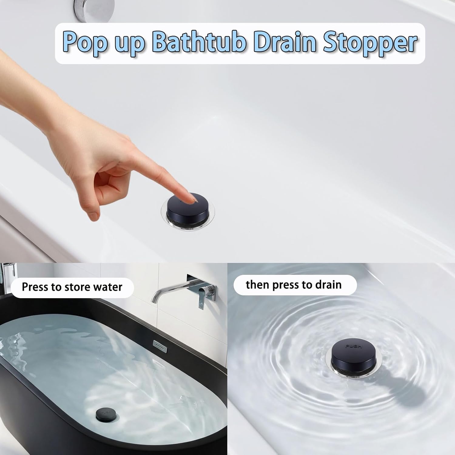 Toe Touch Bathtub Drain Stopper - 3/8'' & 5/16'' Thread Studs with Star-Shaped Lock Washer, Matte Black (1 Pack)