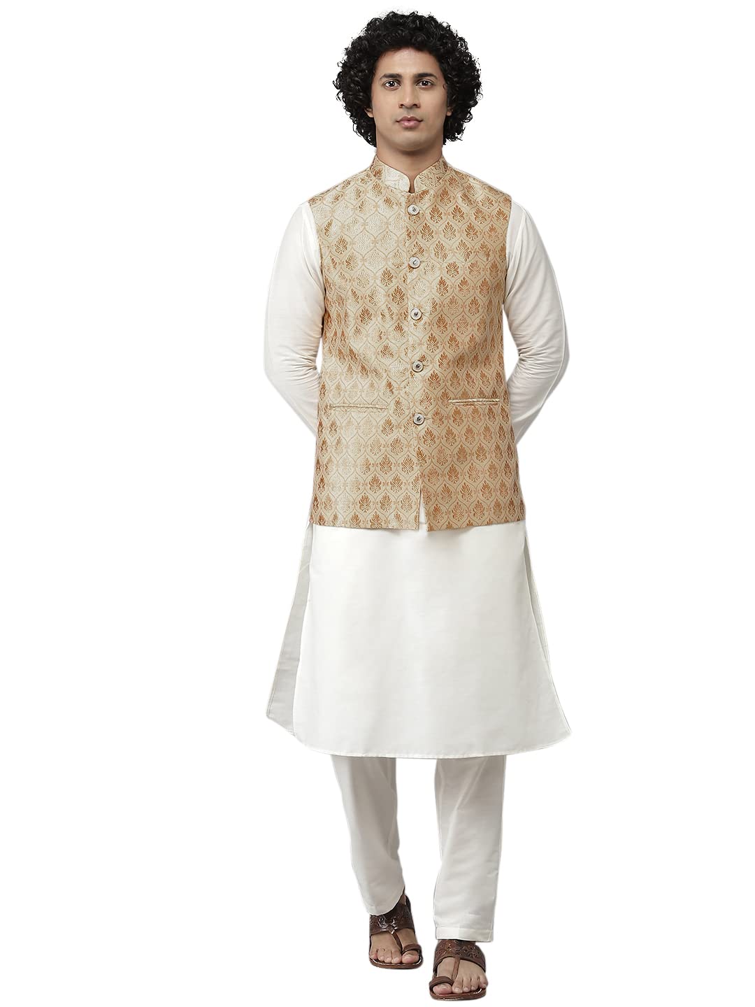 see designs Gold & White Regular Fit Self Pattern Ethnic Set Mandarin Collar Straight Hem Off White Solid Pyjamas-picture-40