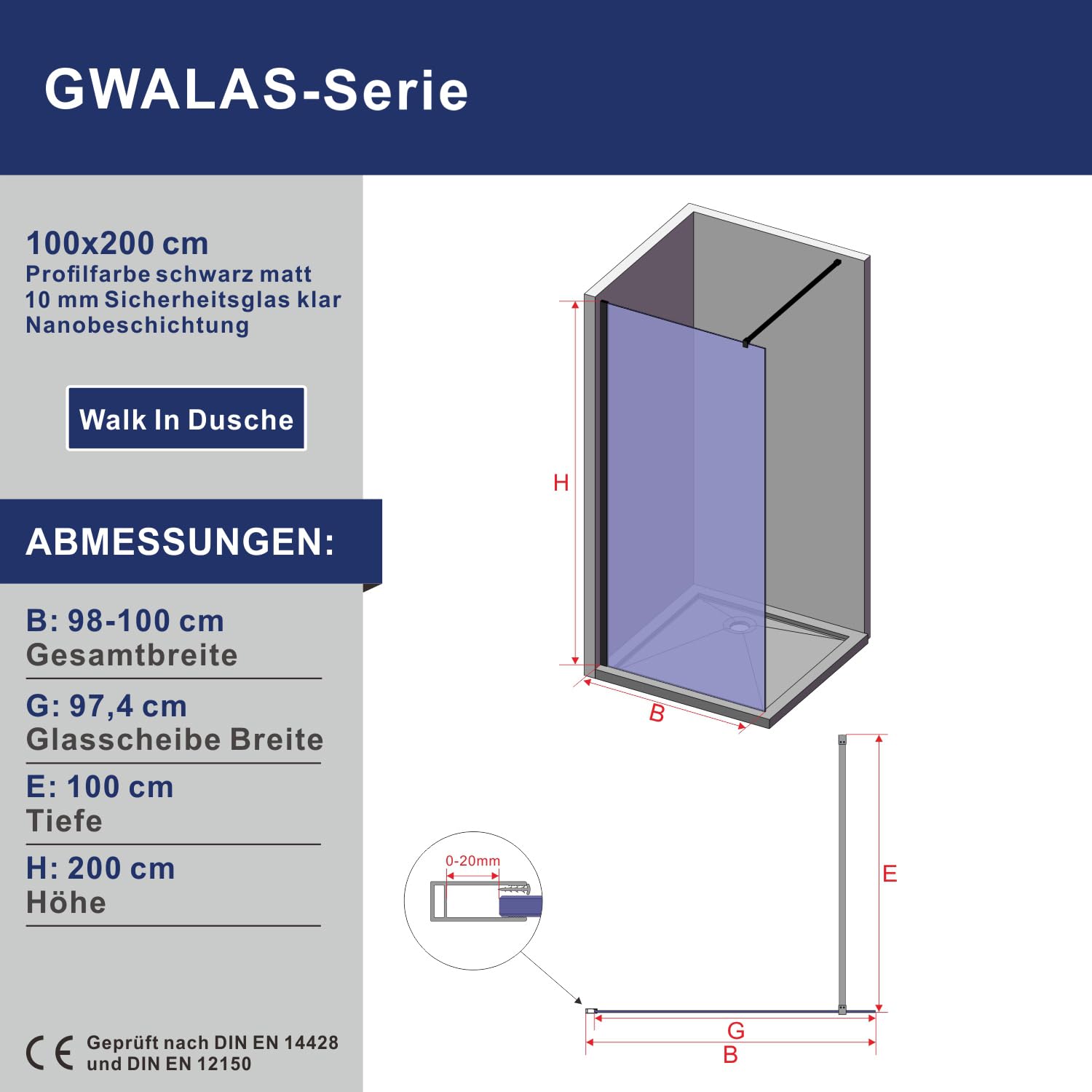 AQUABATOS 100x200cm Walk In Dusche schwarz matt 10mm Klarglas mit Nano Beschichtung Duschwand Glas Duschabtrennung Duschtrennwand Glastrennwand Glaswand für Duschwanne mit 90° Stabilisator