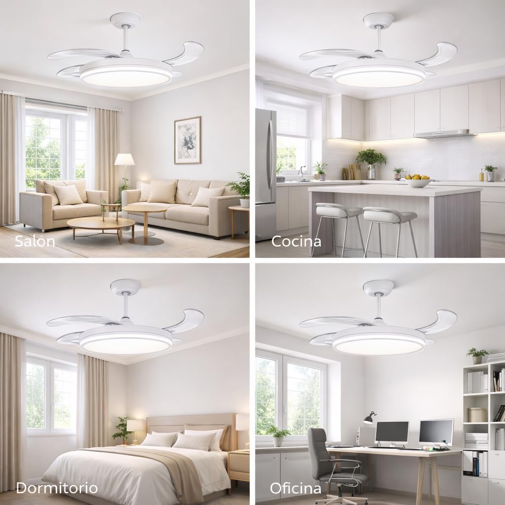 Ventilador de Techo Led 66W, Regulable en Intensidad y en Tono de Luz de Fria a Cálida, 4 Aspas Retráctiles, Mando a Distancia y APP para Móvil, Motor DC Ultra Silencioso, 6 Velocidades (Olg Blanco)