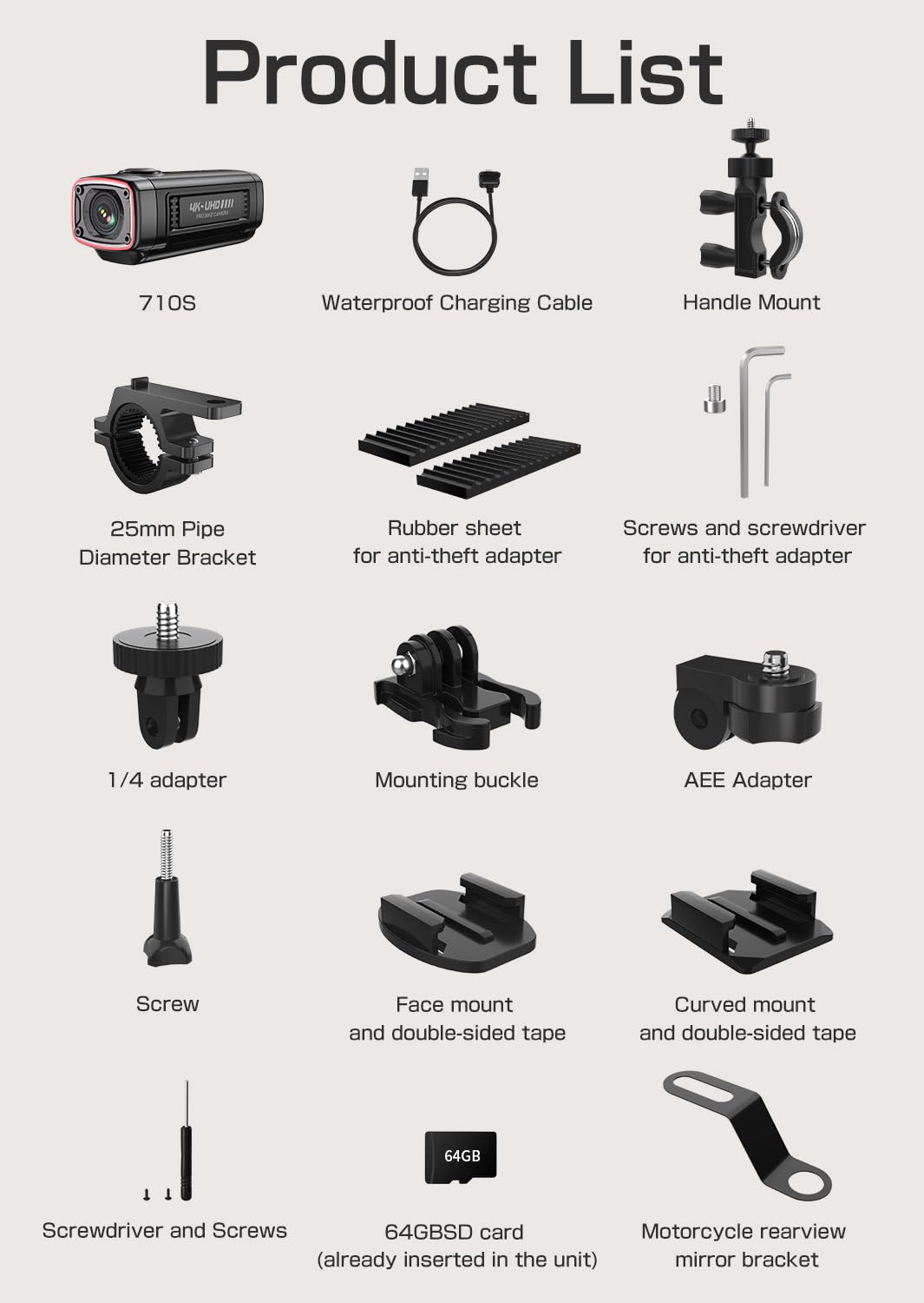 AKY-710S Telecamera per Bicicletta con Supporto, 4K 28fps, 2K 55fps, Grandangolo 142°, IP67, 5MP, Registrazione in Loop e di Emergenza, Monitoraggio del Parcheggio,Sport All'aperto, Scheda da 64 GB