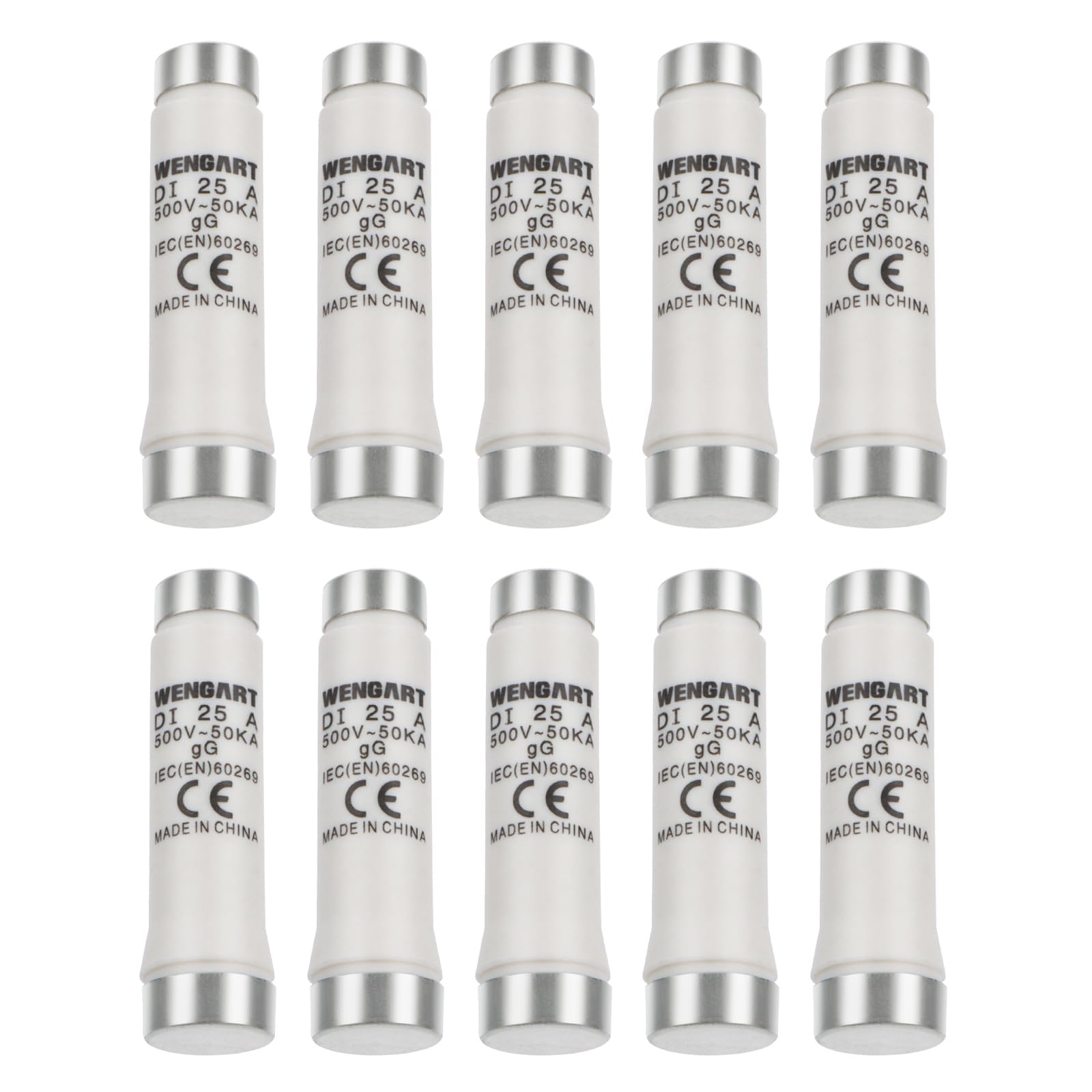 Wengart 10 Pezzi Fusibili a Bottiglia DI E16, 25A 400V AC / 250V DC, Tipo gG per Protezione Sovracorrente, Ceramica Tecnica, Ricambio per Valvoliere e Quadri Elettrici d'Epoca, Taglia 1 (DI)