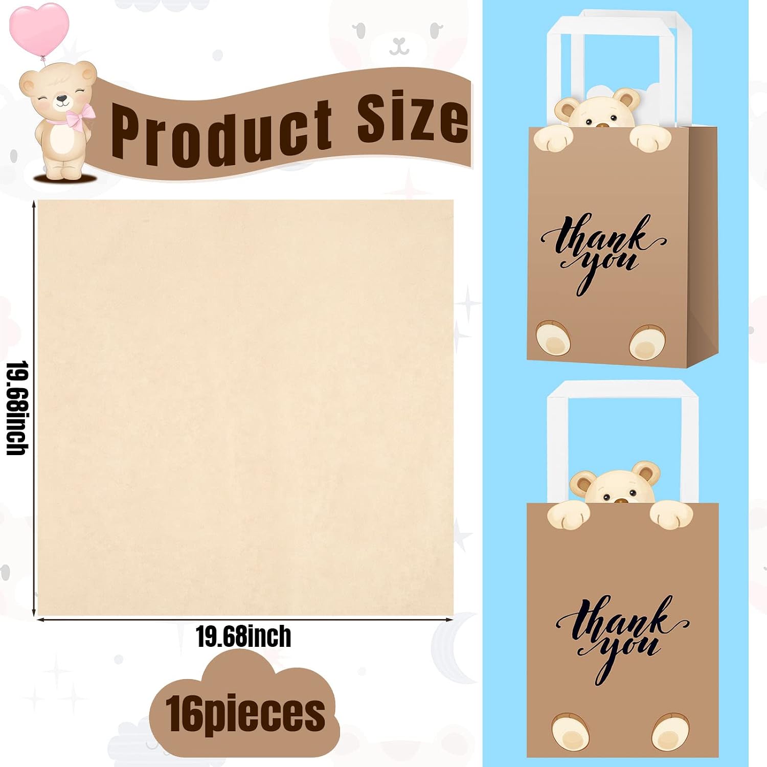 Eersida 16 Pcs Bear Thank You Gift Bags with Tissue Handles Baby Shower Bear Birthday Decorations Thank You Paper Bags Brown Candy Treat Supplies for Guests Wedding Prizes School Party Supplies