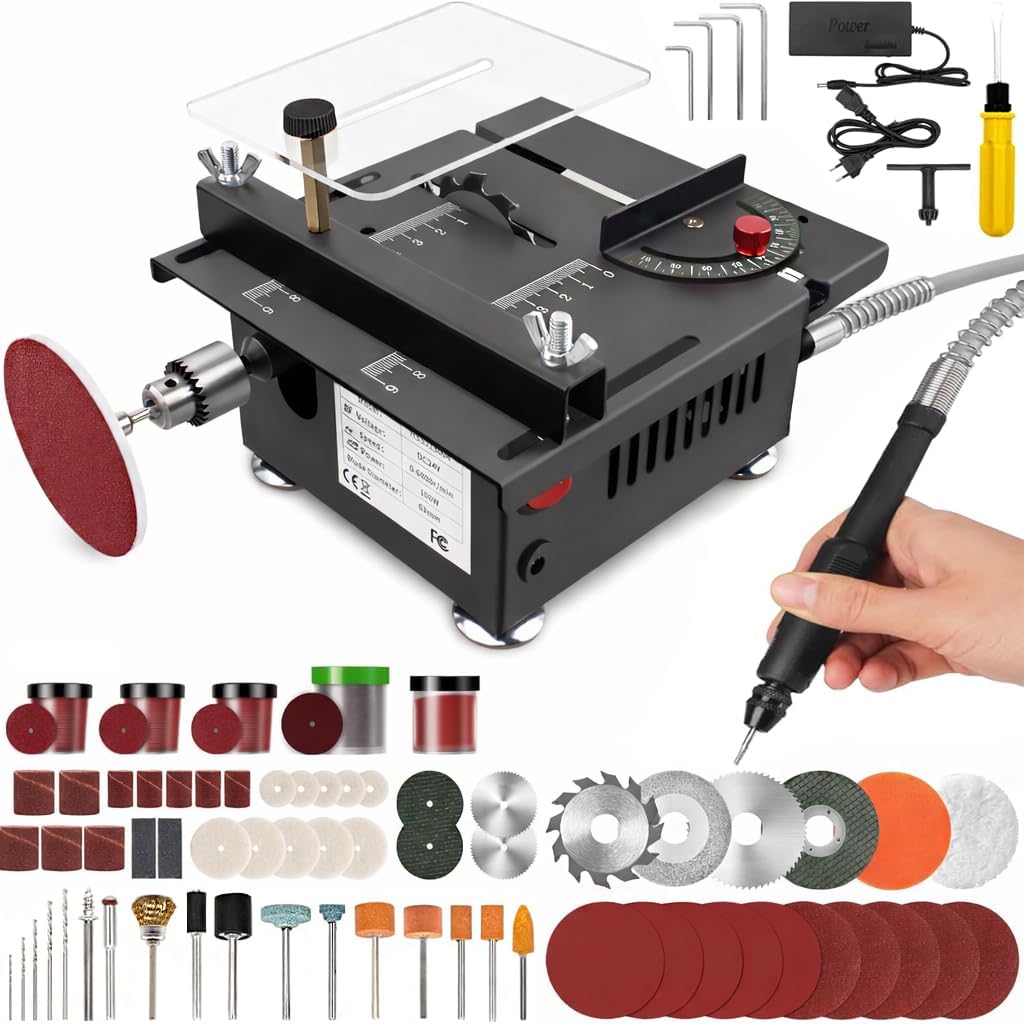Mini Table Saw for Crafts, Portable Table Saw with 7 Adjustable Speeds, Precision Angle & Depth Control with More Accessories, Cutting/Polishing/Engraving/Drilling for Wood, Plastic & Acrylic