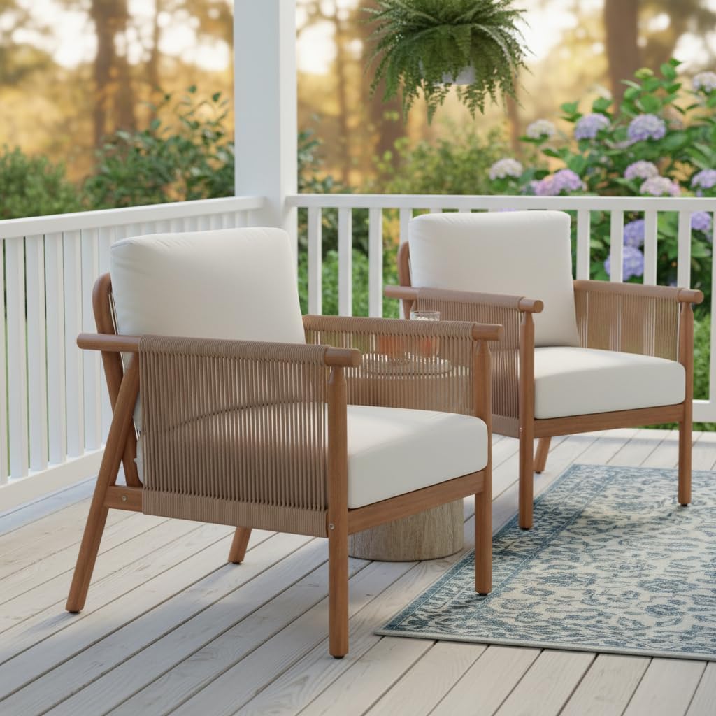 Tangkula Acacia Wood Patio Club Chair Set of 2, Boho Accent Chair with Woven Rope Armrests & Seat Back Cushions, Indoor Outdoor Wooden Leisure Sofa for Backyard, Porch, Balcony, Living Room (White)