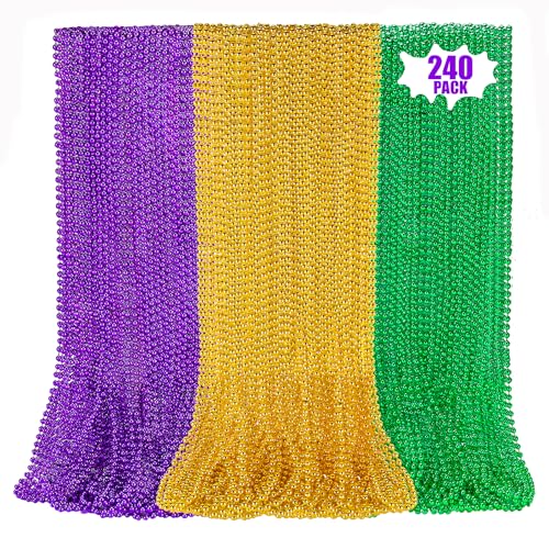 LINSIRON 240Pcs Purple Gold Green Bead Necklace 33 Inch Mardi Gras Beads