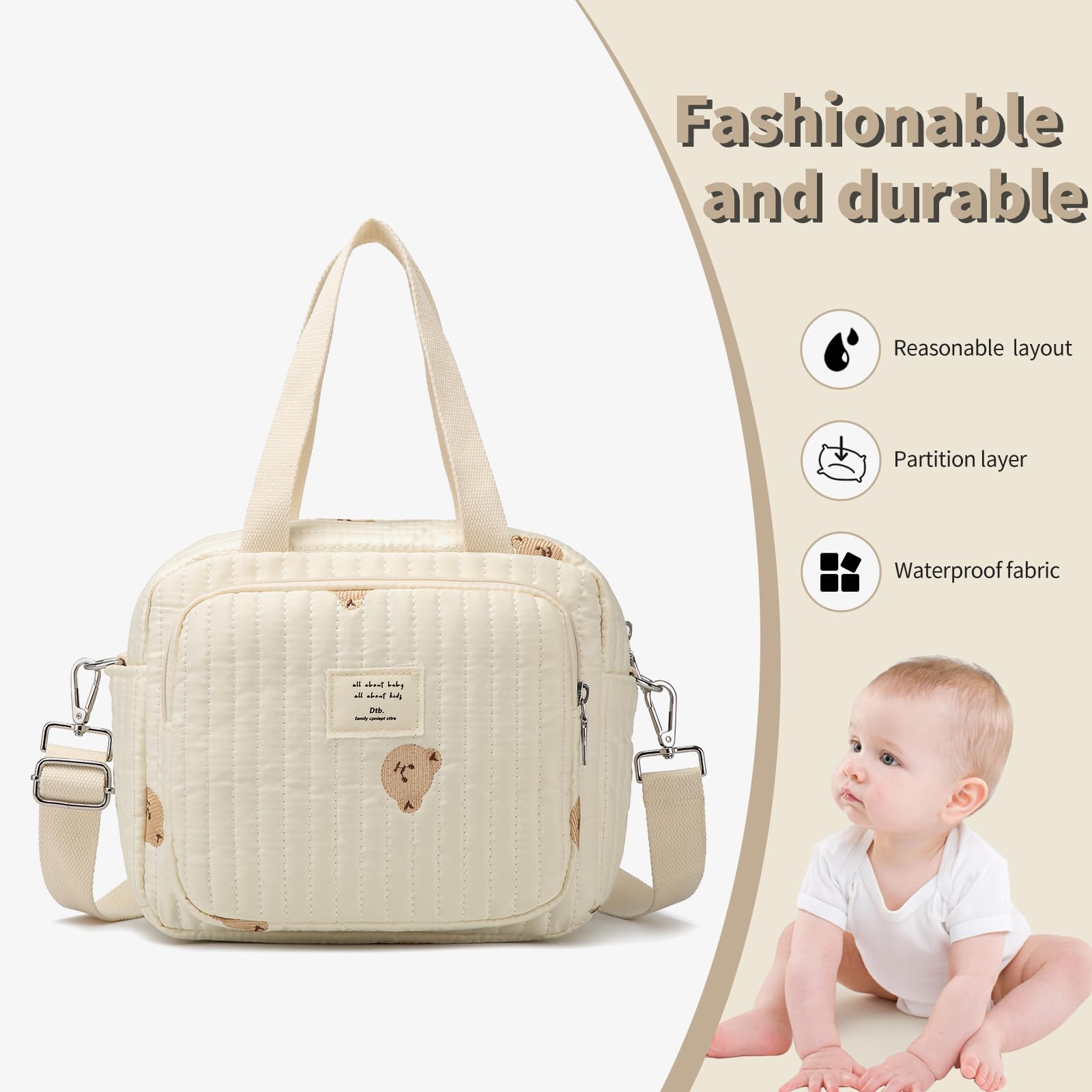 Petit sac à langer bandoulière 7 poches blanc cassé pour bébé