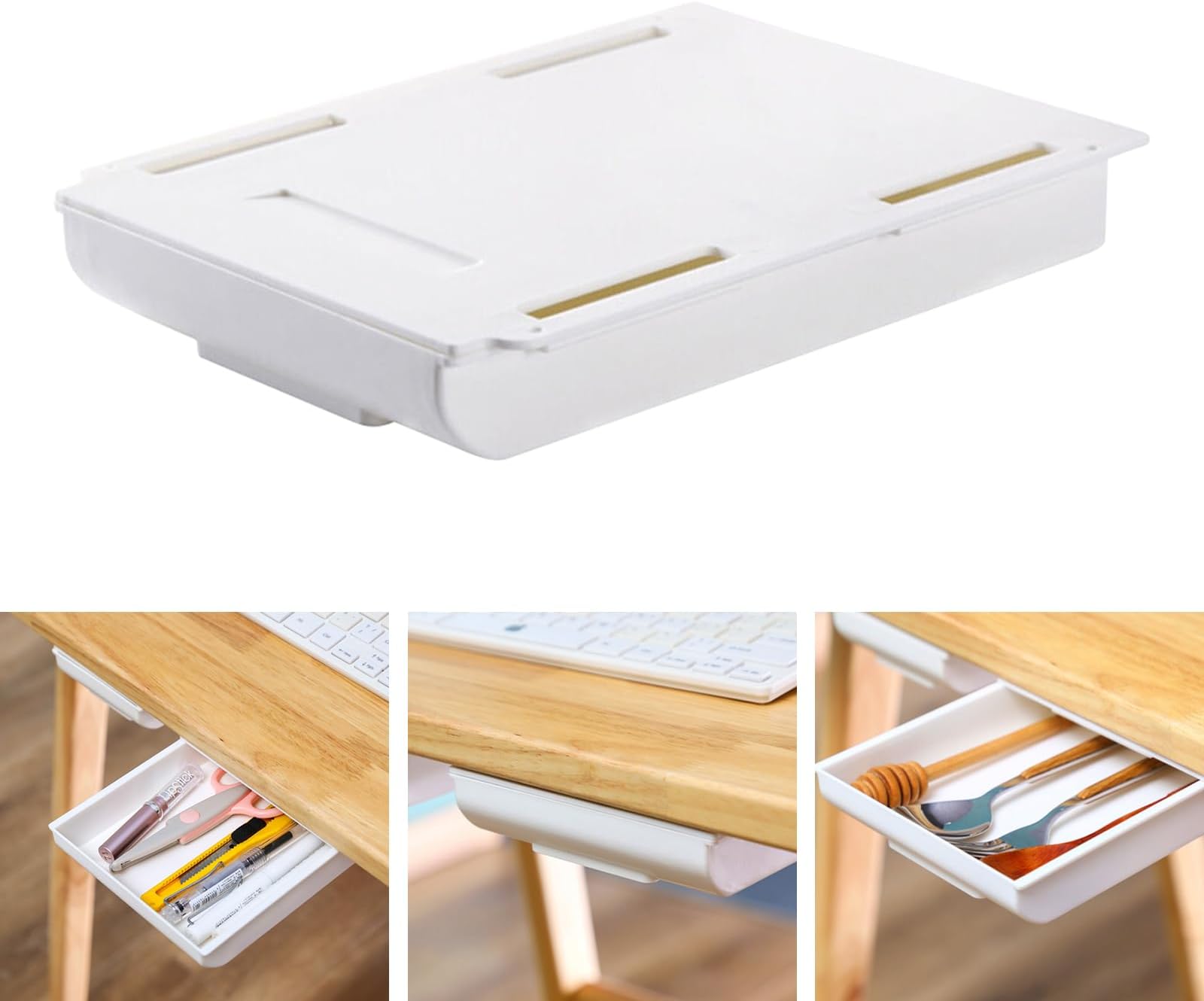 Bavooty Under Desk, Self-Adhesive Drawer, Adhesive Drawers Under Desk, Hidden Self-Adhesive Drawer, Drawers Under Cabinet, for Office, School Kitchen, White, 25.5 x 20 x 4.2 cm