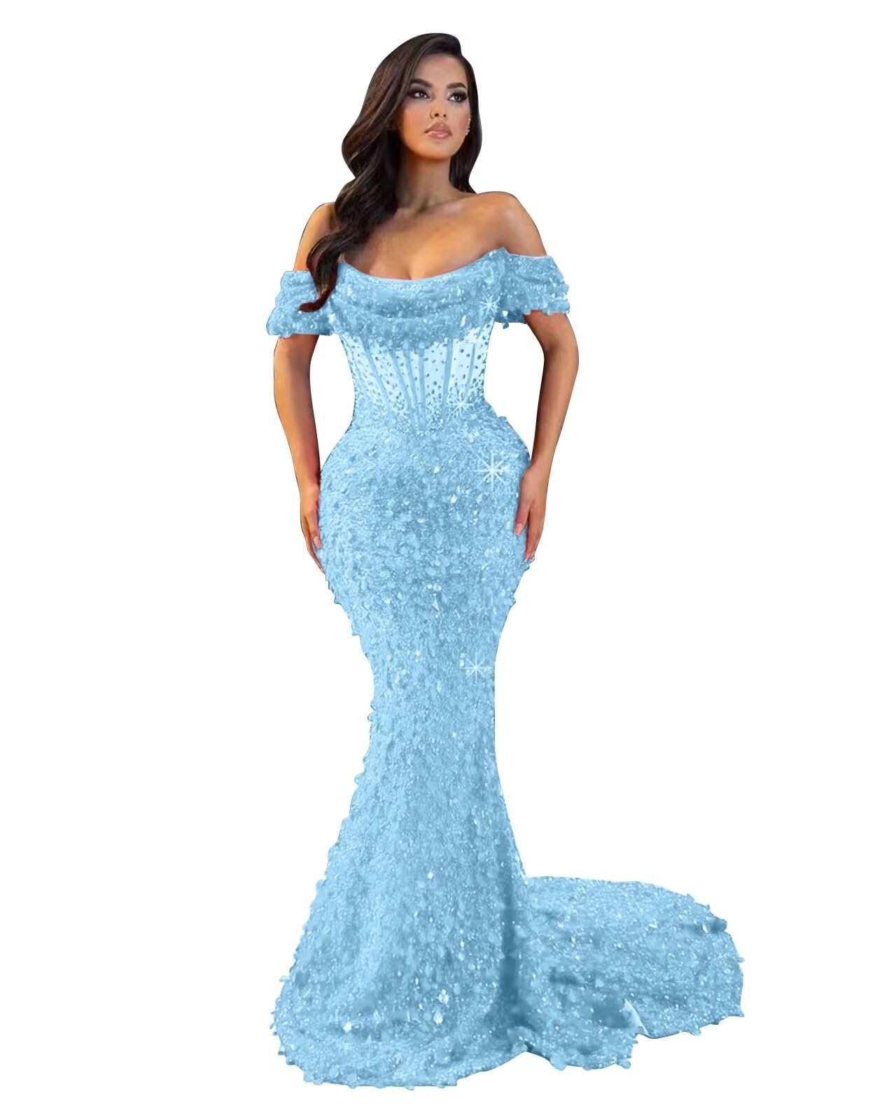 MiwiNovia Sequin Mermaid Prom Dresses for Women 2026 Sparkly Off Shoulder Formal Evening Dress with Train P1050