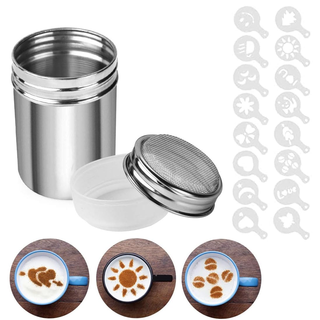 Chocolate Shaker Stainless Steel Duster Dredges Cans Coffee Sprinkles Powder Set Cocoa Cinnamon Powder Can with 16 Coffee Molds Stencils for Kitchen Baking Cooking Cappuccino Coffee Latte Coffee