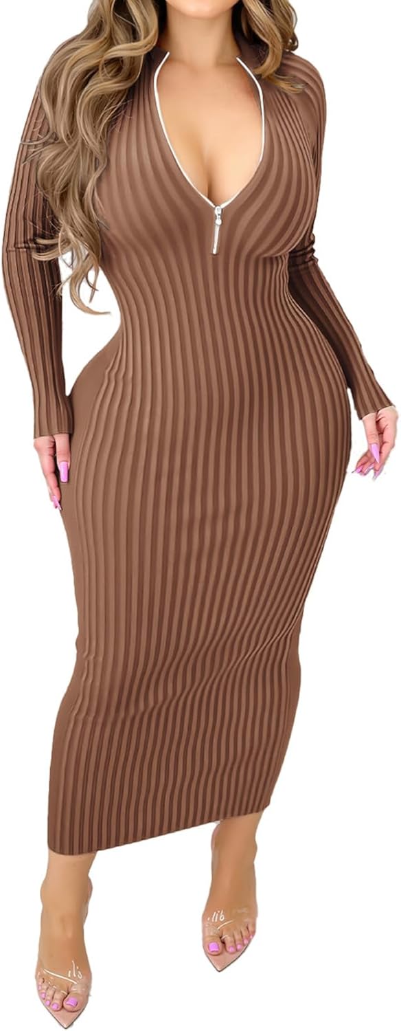 Fastkoala Women's Sexy Ribbed Bodycon Dress Solid Color Long Sleeve Slim Fit Midi Lilac Night Club Party Dresses