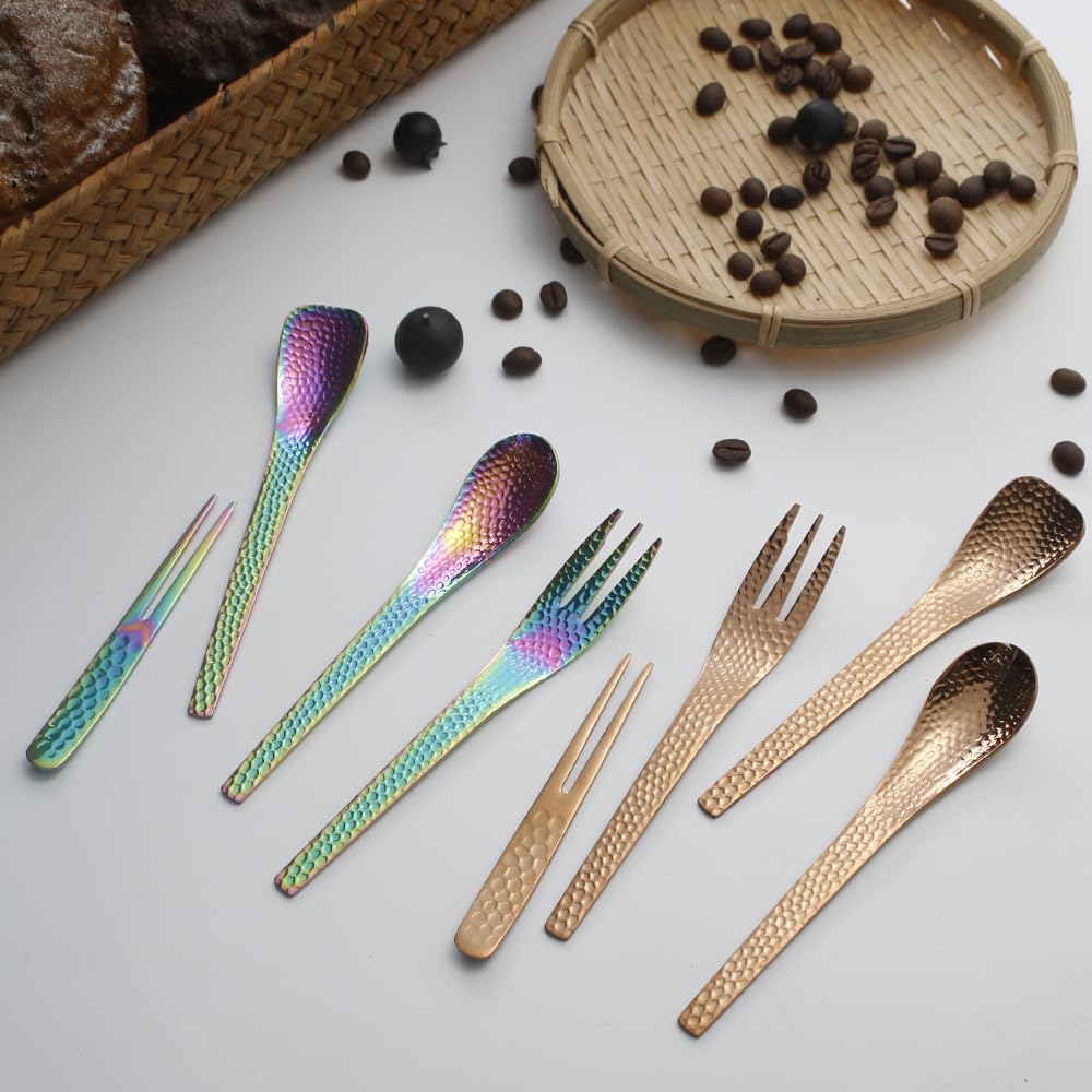 Silverware Flatware Set, 4/16/24/32 Pieces Hammered 304 Stainless Steel Dessert Spoons For Household Golden Dessert Forks Ice Cream Coffee Spoons (Color : Silver, Size : 4Set-16Pcs)