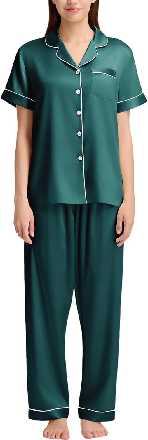 Couples Matching Pajamas Set Silk Satin Short Sleeve Button Down Loungewear with Long Pant - Image 4