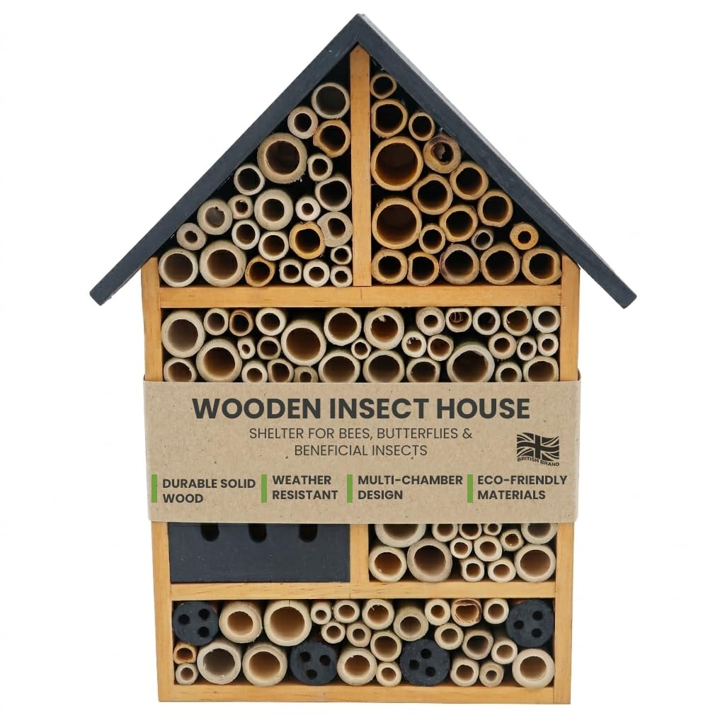 My Garden Insect House for Garden Bees & Butterflies - Outdoor Bug Hotel Shelter, Solid Pine Wood Bee House with Multi Chambers - Weather Resistant Wildlife Habitat, Easy Mount
