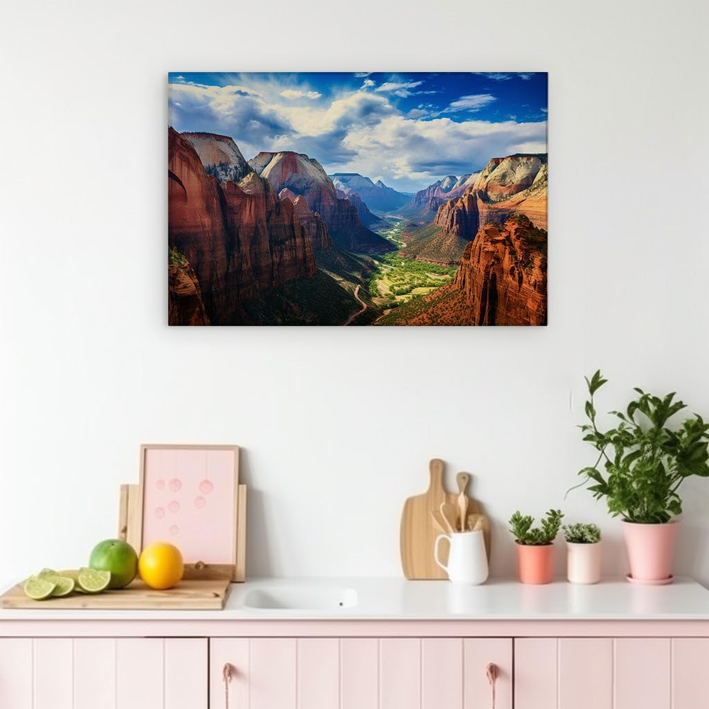 Canvas for Living room. Sunset Serenade in Zion Canyon � Where River and Red Cliffs Dance Under a Dramatic Sky, 27 x 18 inch Canvas Wall Art - Beach Sunsets And Sunrises - Modern Home Decor