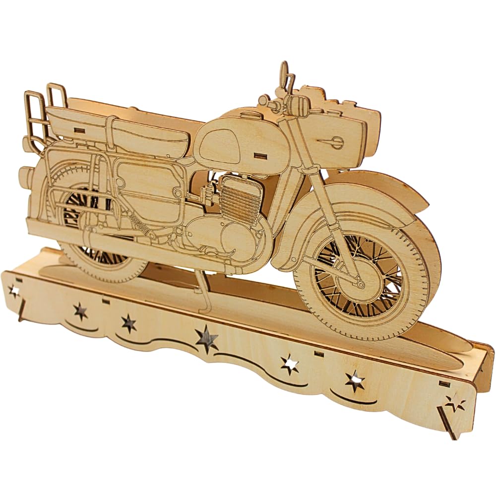Ostalgie Moped Schwippbogen, DDR - Motorrad Schwibbogen, Lichterbogen Ostalgie, Schwibbogen DDR-Fahrzeug, aus Holz mit LED-Beleuchtung – Batteriebetrieben (2x AA), Made in EU, L/B/H 35 x 4 x 21 cm.