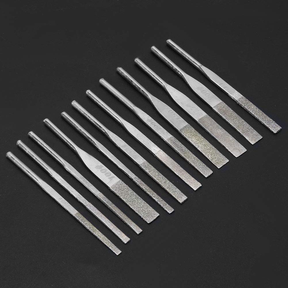 Set di Lime Diamantate 12 Pezzi, Lime Ad Ago di Precisione con Gambo per Rettifica Conica, Grana 100/150/200/300 - Utensili Rotanti per Lavorazione Metalli e Materiali Duri
