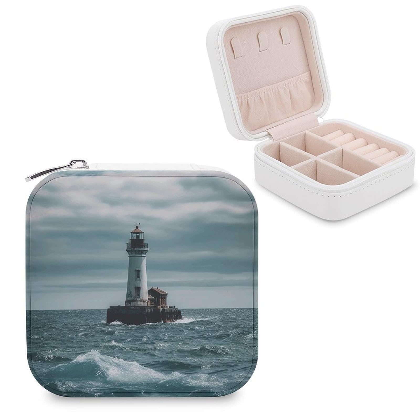 VstaDank Lighthouse Ocean Jewelry Box Exquisite Leather Jewelry Organizer Portable Trinket Organizer Fashion Travel Jewelry Case for Rings Earrings Necklaces Unique Gifts for Women