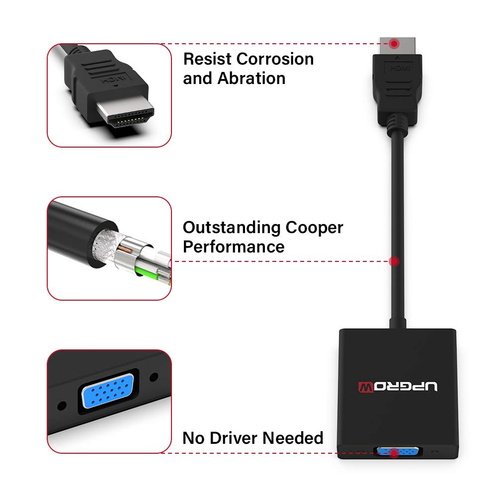 UPGROW Adapter HDMI na VGA - Konwerter HDMI Męski na VGA Żeński do Monitora, Projektora, Telewizora HD, Laptopa, Komputera Stacjonarnego, Xbox i Więcej