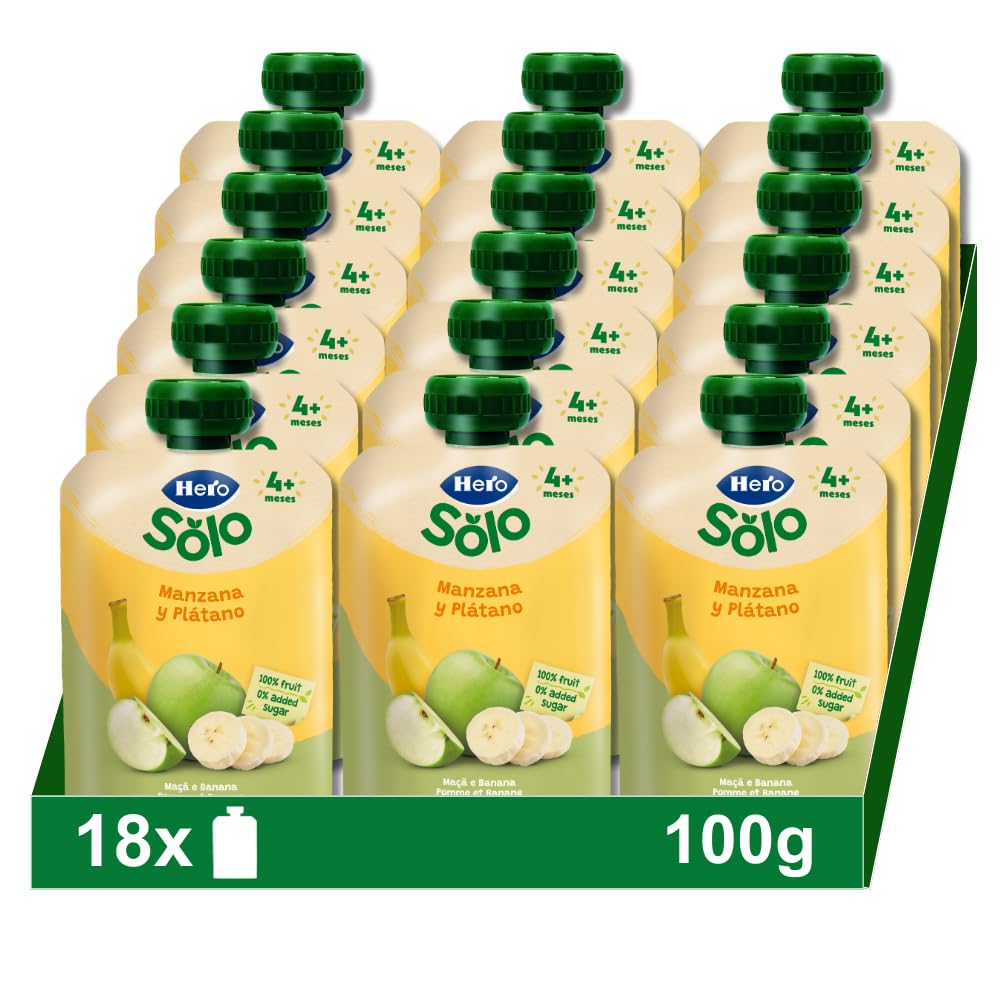 Hero Solo, Bolsitas de Fruta con Manzana y Plátano, Sin Conservantes ni Colorantes, Aceite de Palma, Gluten, ni Azúcares Añadidos, Para Bebés A Partir de los 4 Meses - Pack de 18 x 100 g