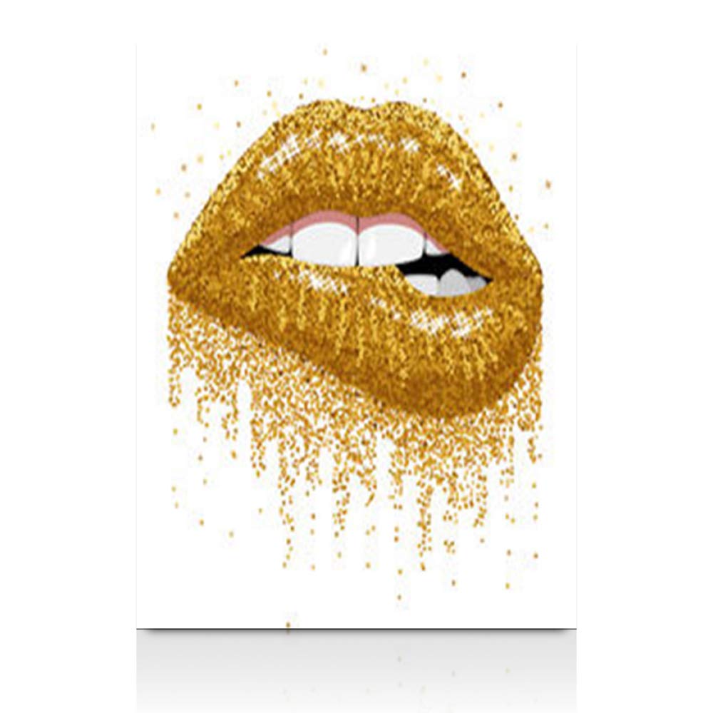 HugeDecor Painting Canvas Prints Wall Art 12"x16" Lipstick Abstract Gold Open Tooth Mouth Lips Face Modern Artwork Home Decor Living Room Office Bedroom