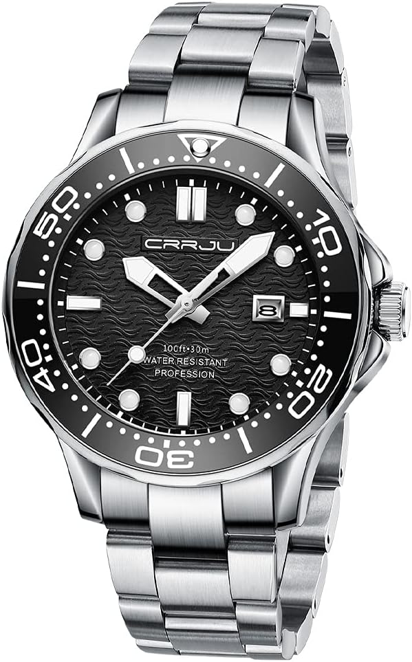 CRRJUMen's Fashion Luxury 316L Stainless Steel Watches Date Waterproof Dark Light Wristwatches, silver black,
