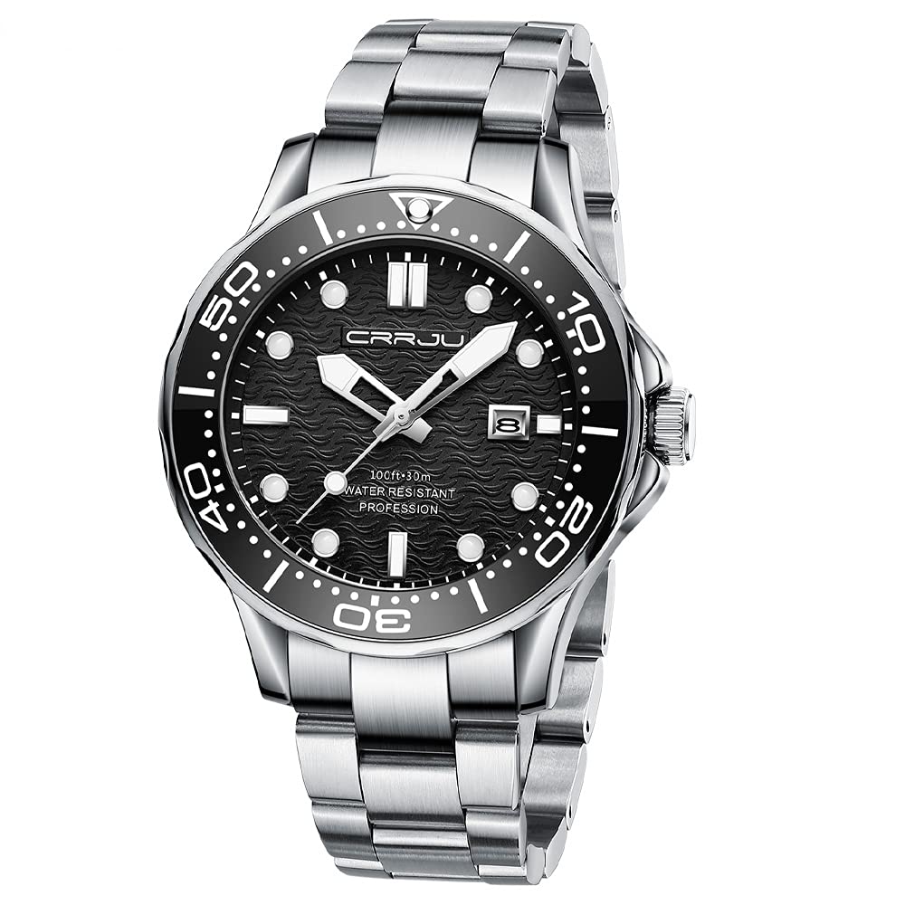 CRRJUMen's Fashion Luxury 316L Stainless Steel Watches Date Waterproof Dark Light Wristwatches, silver black,