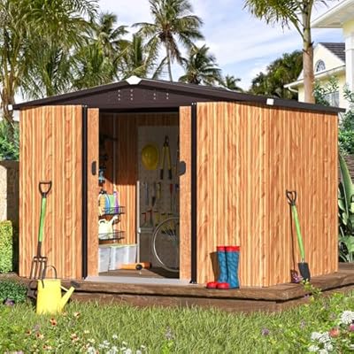 U-MAX Shed 8x6 Woodgrain Outdoor Storage Shed, Metal Outside Storage Garden Sheds & Outdoor Storage Shed with Sliding Doors, 6x8 Tool Shed Outdoor Storage for Backyard Lawn and Outside Use