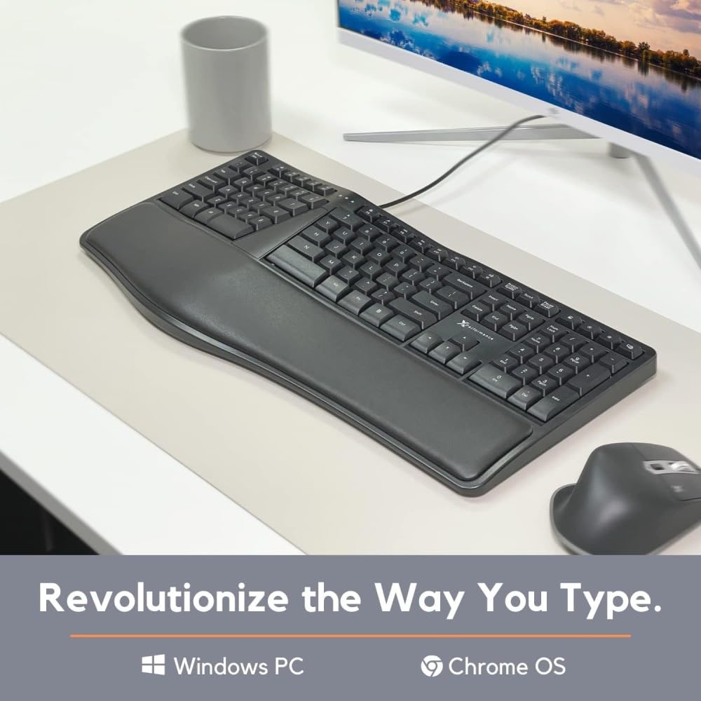 Przewodowa ergonomiczna klawiatura, dzielona klawiatura z amortyzowaną podpórką pod nadgarstek, przewodowa klawiatura USB do laptopa, komputera, komputera