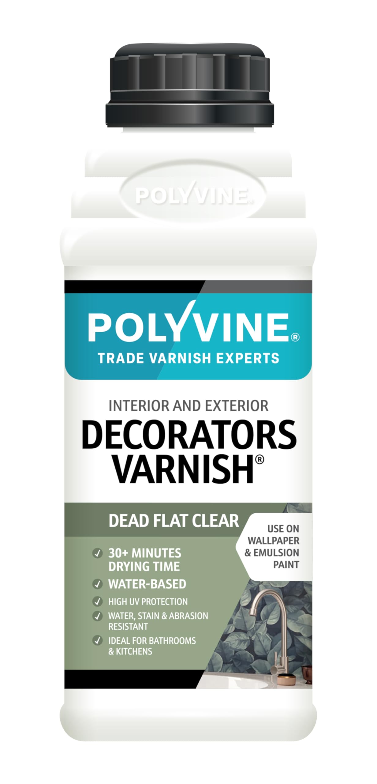 Polyvine Decorators Varnish - Water Resistant Clear Varnish with UV Protection - Seals and Protects Emulsion Paint, Wallpaper, Interior Wood, Furniture, Plaster & Fabric - Dead Flat Finish, 500ml