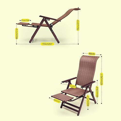 Miniatura 2 de Silla plegable de ratán, reclinable plegable con reposapiés telescópico, sillas de césped ajustables para comedor, fiesta, boda, jardín (negro)