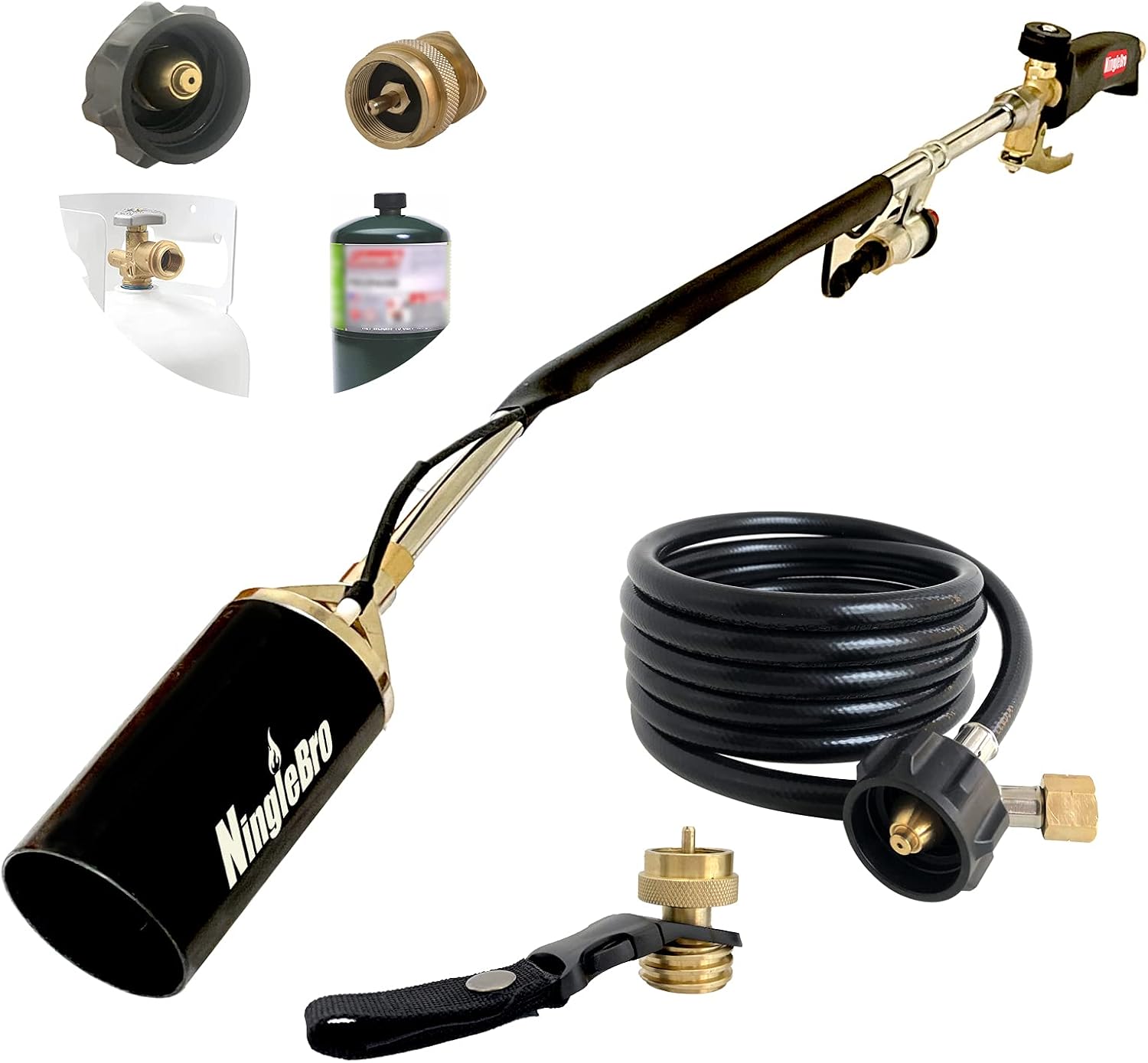 NingleBro heavy-duty propane torch weed burner, high output 500,000 BTU, weed torch bar, with turbo trigger electronic button igniter and 9.8 feet safety hose, with fuel tank converter