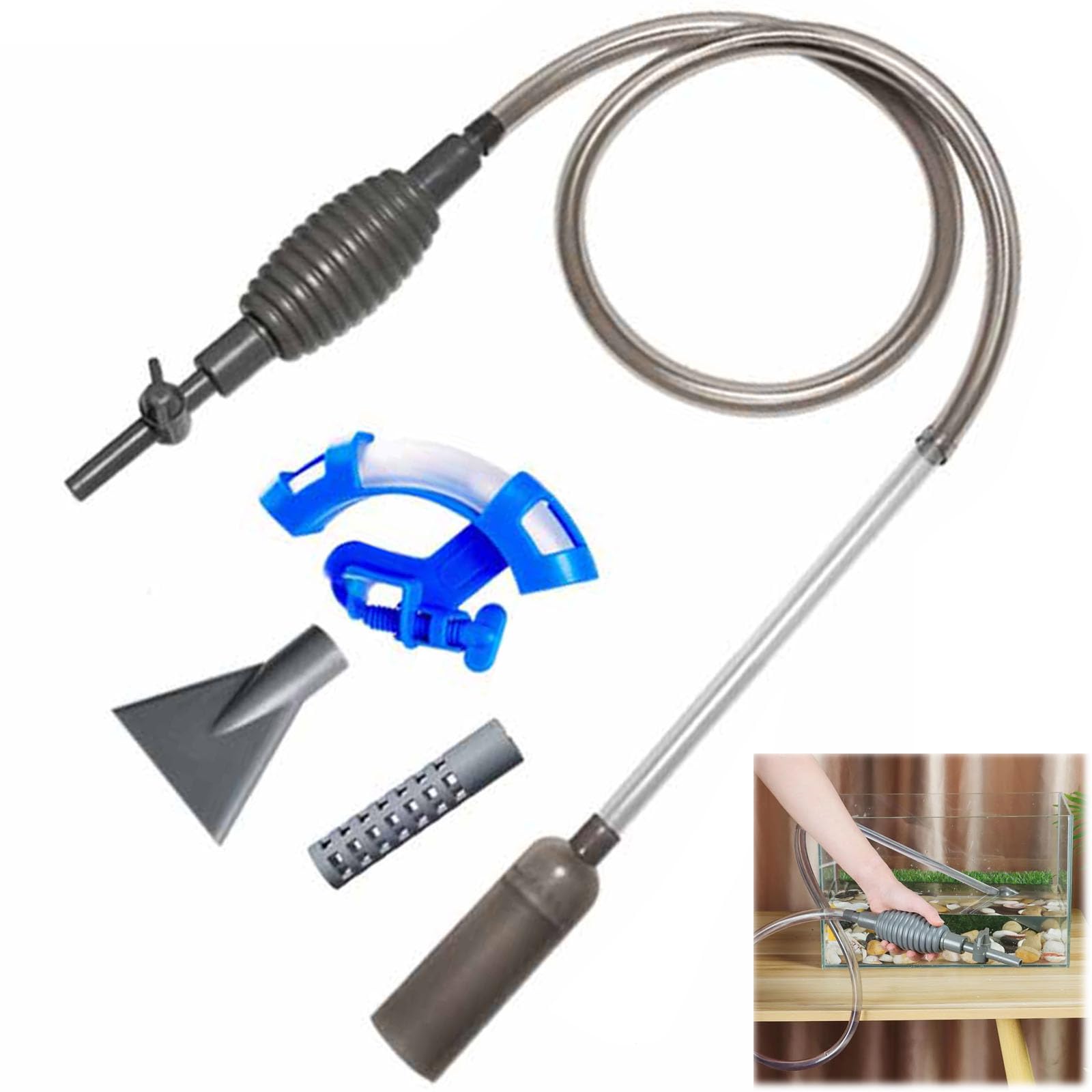 Sifonador Acuario para Cambio de Agua,Sifón Acuario,Cambiador de Agua de Acuario,Cambiador De Agua,Limpiador de acuarios,Con 2 cabezas de succión y pinzas de tubería para limpiar y reemplazar el agua