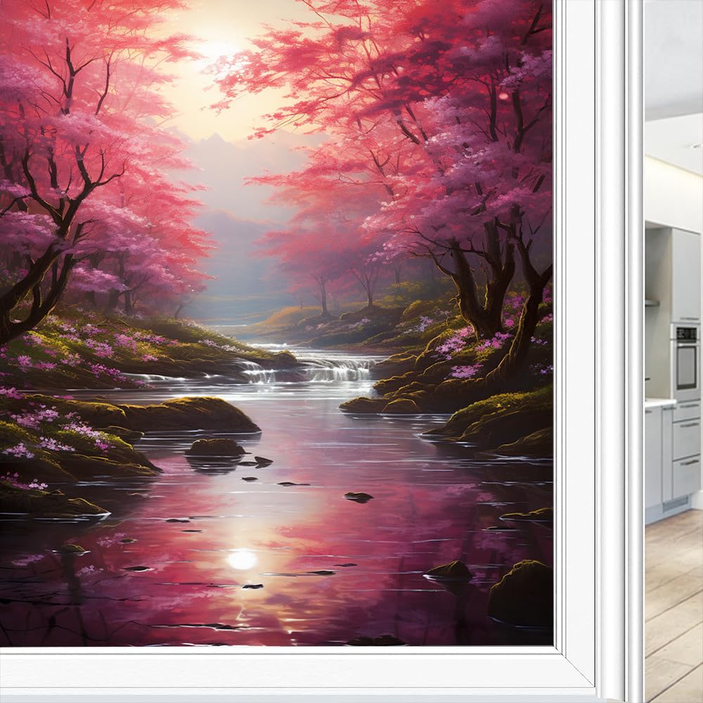 Vintage River Tree Window Film Privacy Colorful Cherry Blossom Tree Decorative Stained Static Cling Window Sticker for Home, 60x90 cm