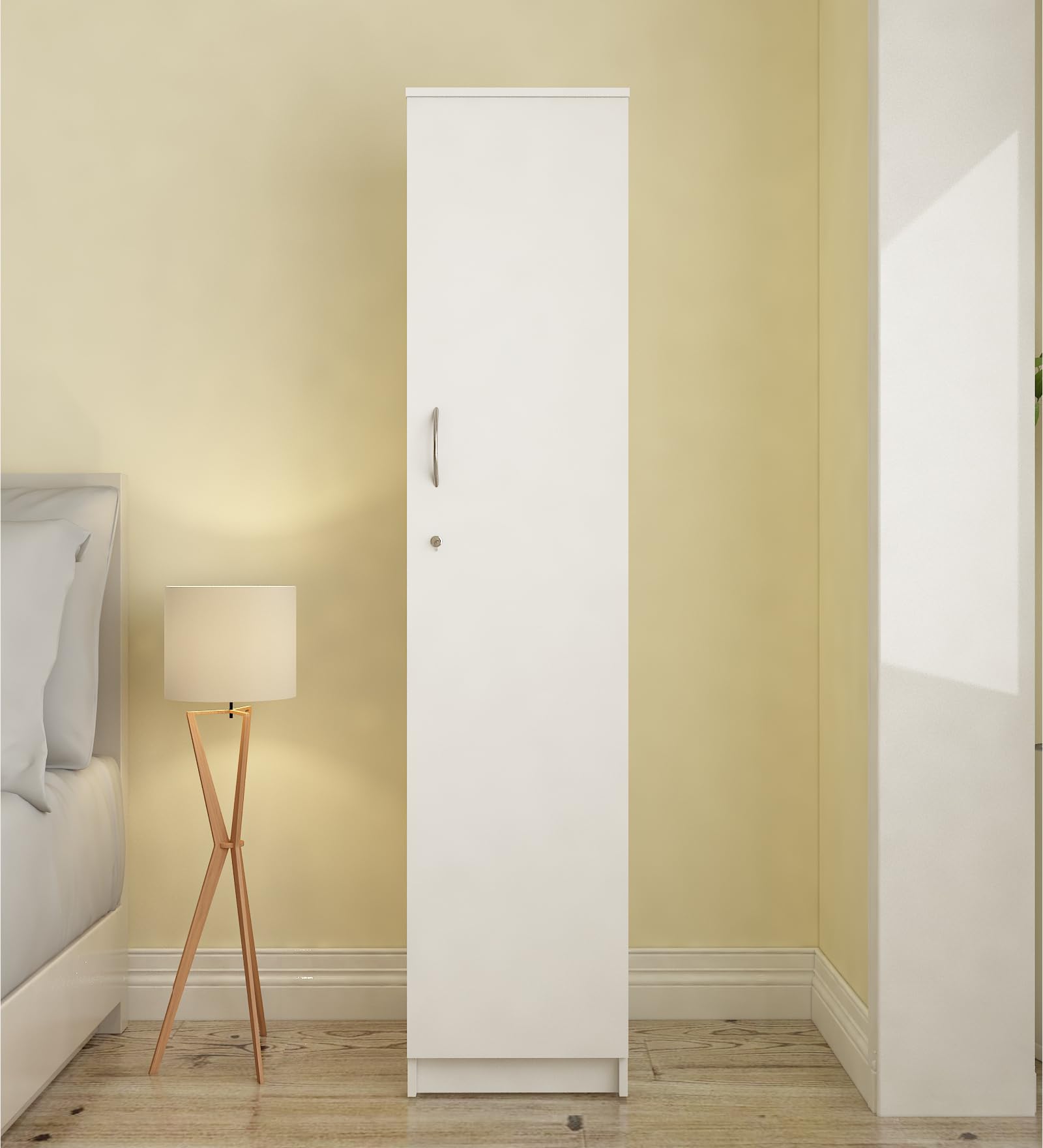 Jennifer 1 Door Wardrobe | Engineered Wood Multipurpose Cupboard | 4 Shelves with Drawer | White | Knock Down-image-40