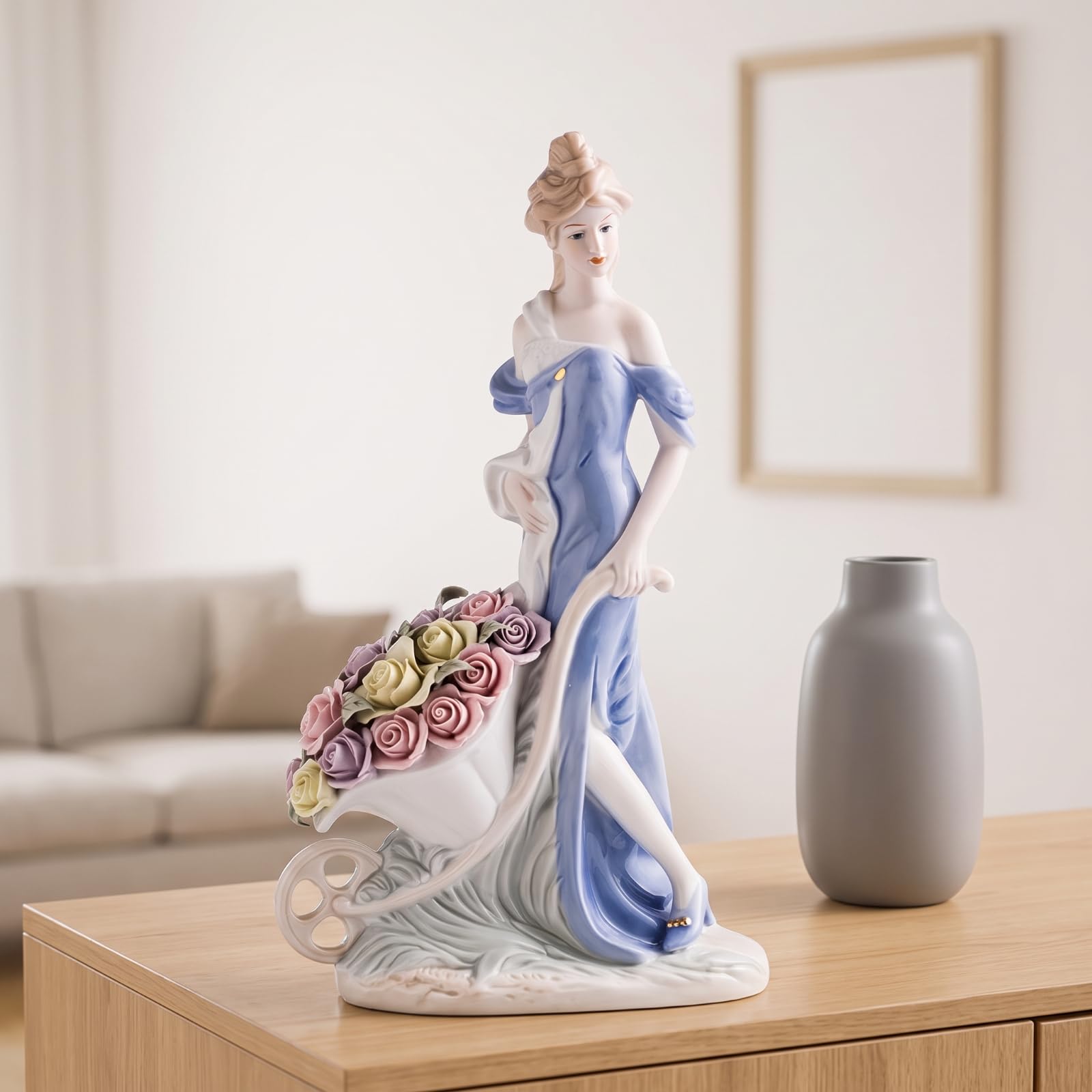 Gralara Figurine en Porcelaine Artinal | Finition Émaillée, Statute Femme Roses, Fait Main, Sculpture Femme, pr lon, Console D'entrée