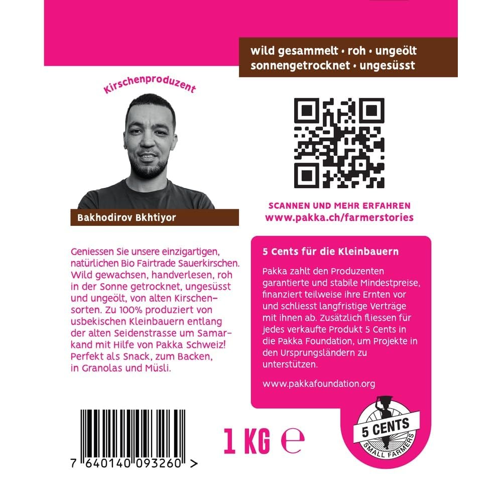 PAKKA - Cerezas ácidas secas premium ecológicas de comercio justo, sin azúcar añadido, recolectadas de forma silvestre directamente por pequeños agricultores de Samarcanda, Uzbekistán, veganas (1 kg)
