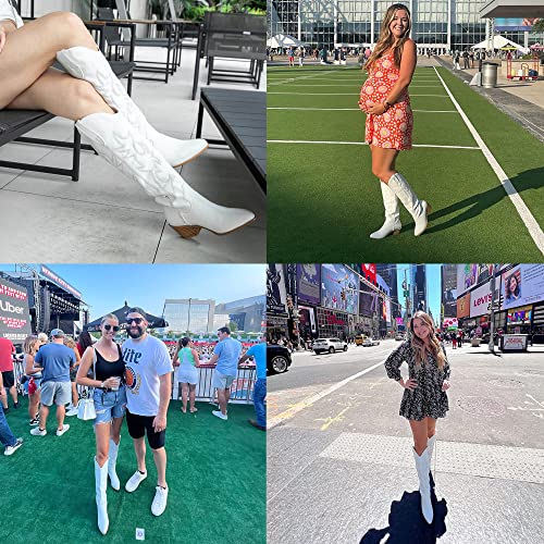 Athlefit Women's Western Embroidered Cowboy Boots Pointed Toe Chunky Heel Pull On Knee High Boots Black Size 7 #TOP5