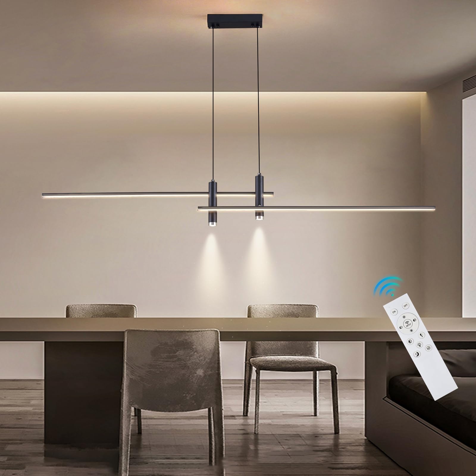 Modern LED Chandelier Black Kitchen Island Pendant Light Fixtures Linear Pendant Lighting with Remote Dining Rooms Living Room Dimmable 3000K-6000K