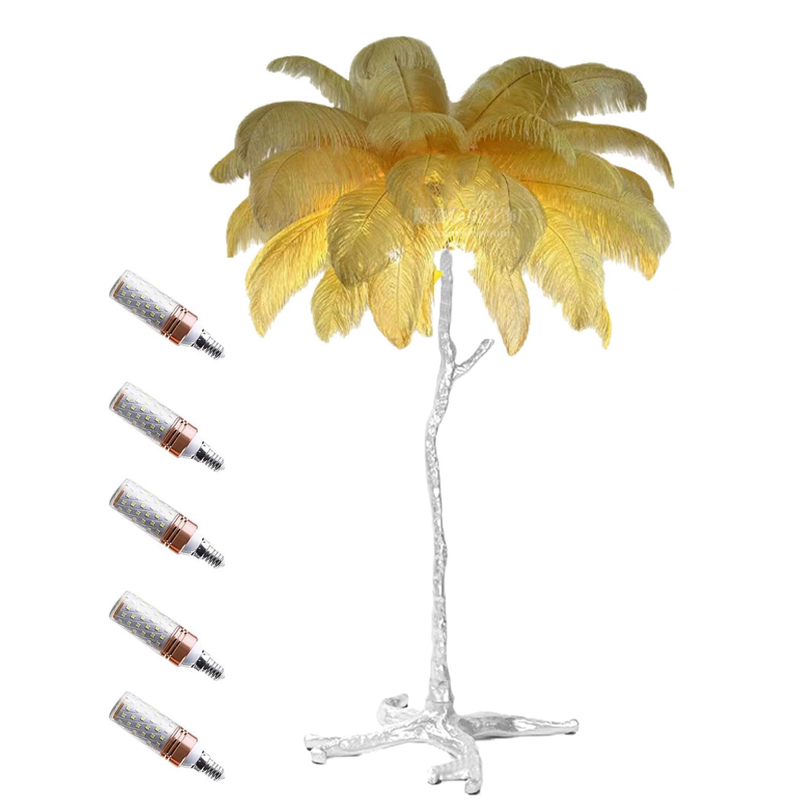 ANram Ostrich Feather Floor Lamp, Silver Resin Base, 3 Colours Dimmable, LED E14 Bulb, Foot Switch,Golden,60x55cm/24x22in (desk lamp)