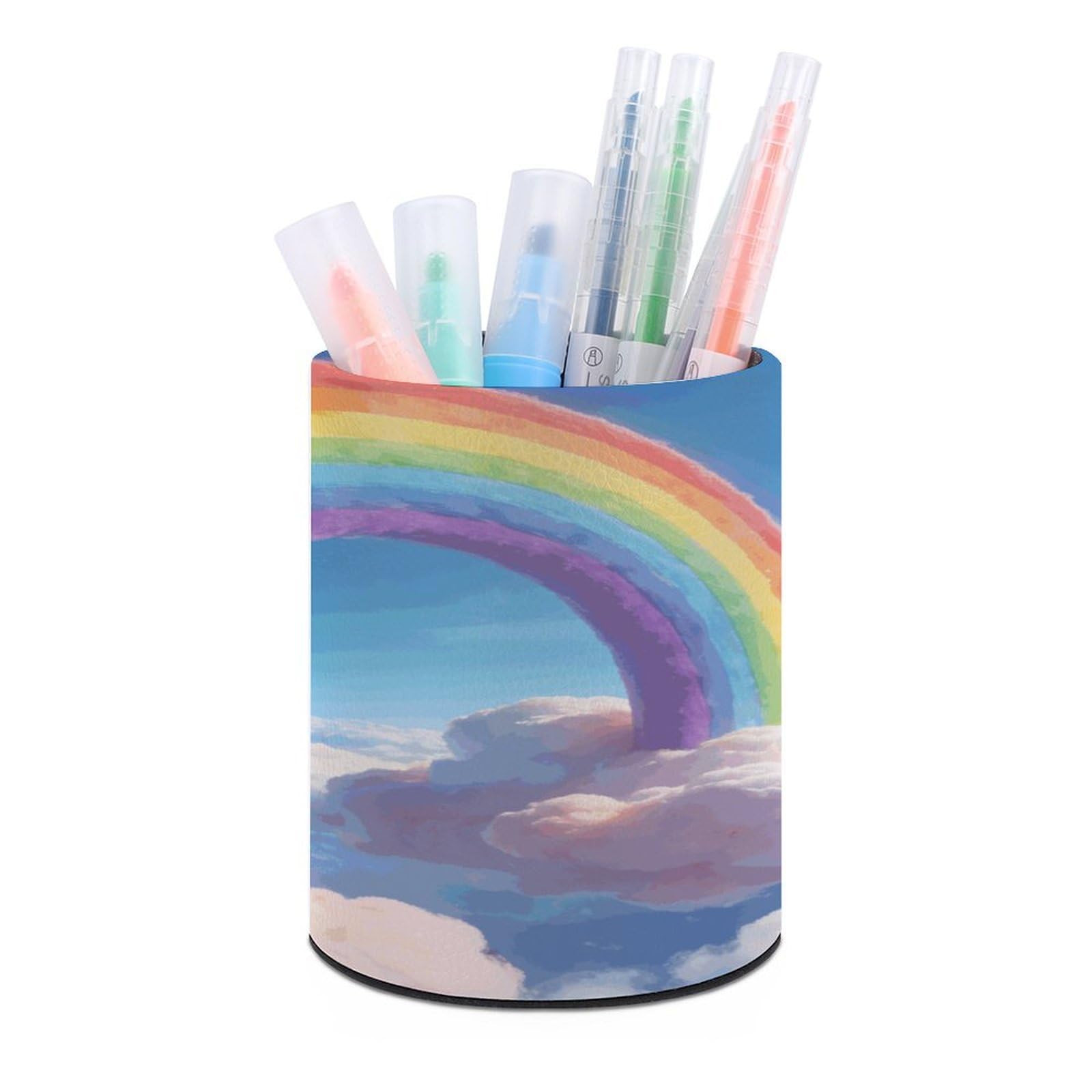 FekiLoot Round Leather Pen Holder - Multipurpose Desk Organizer, Modern Pencil Cup, Rainbow Pencil Holder, Unique Makeup Brush Holders for Office Home Supplies & Gifts