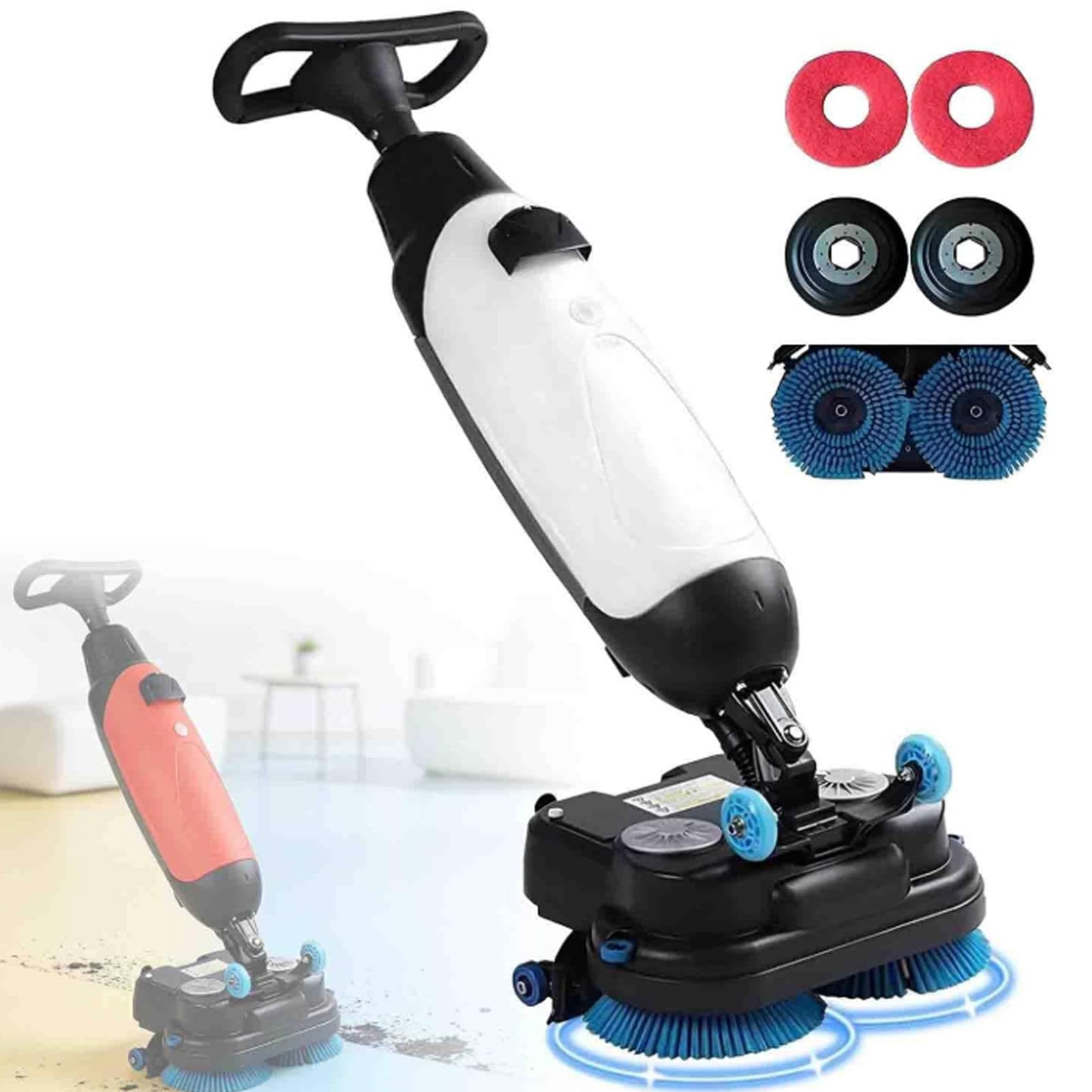 Oiyekntd Walk Behind Floor Scrubber Dryer, Portable Commercial Scrubber, Cordless, 2 Adjustable Brushes, for Tile and Sealed Floors, 2x250W Brush Power White