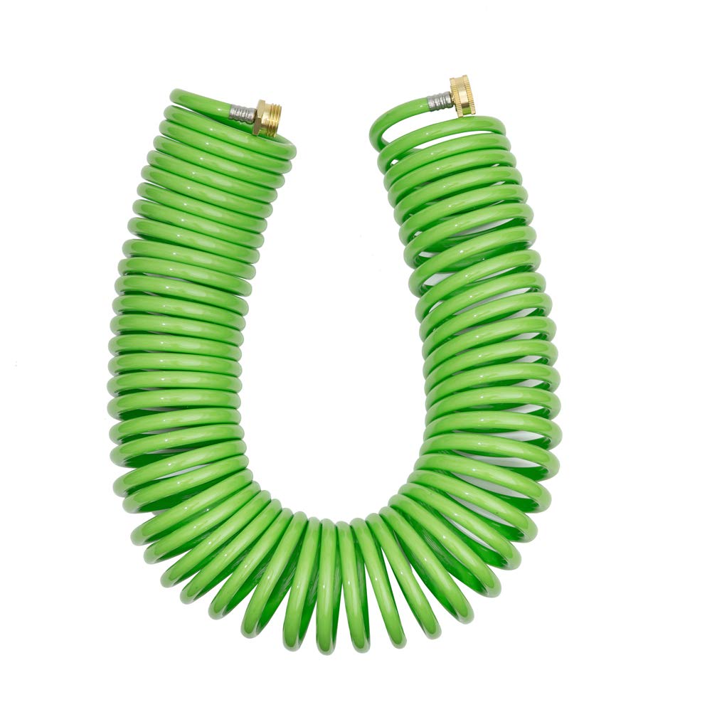 グリーンマウントコイルガーデンウォーターホースプレミアムPU、真ちゅう製コネクター付き格納式セルフコイリング50フィートリコイルRVボート