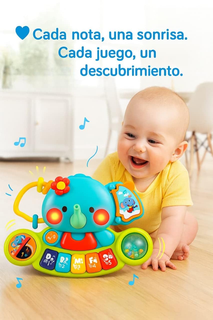 Hola - Piano Infantil de Juguete - con Luces y Sonidos Reales de Instrumentos Musicales - Juego Elefante Musical con Teclado y 7 Actividades - Juguete Sensorial y Educativo - Regalo Bebe +6 Meses
